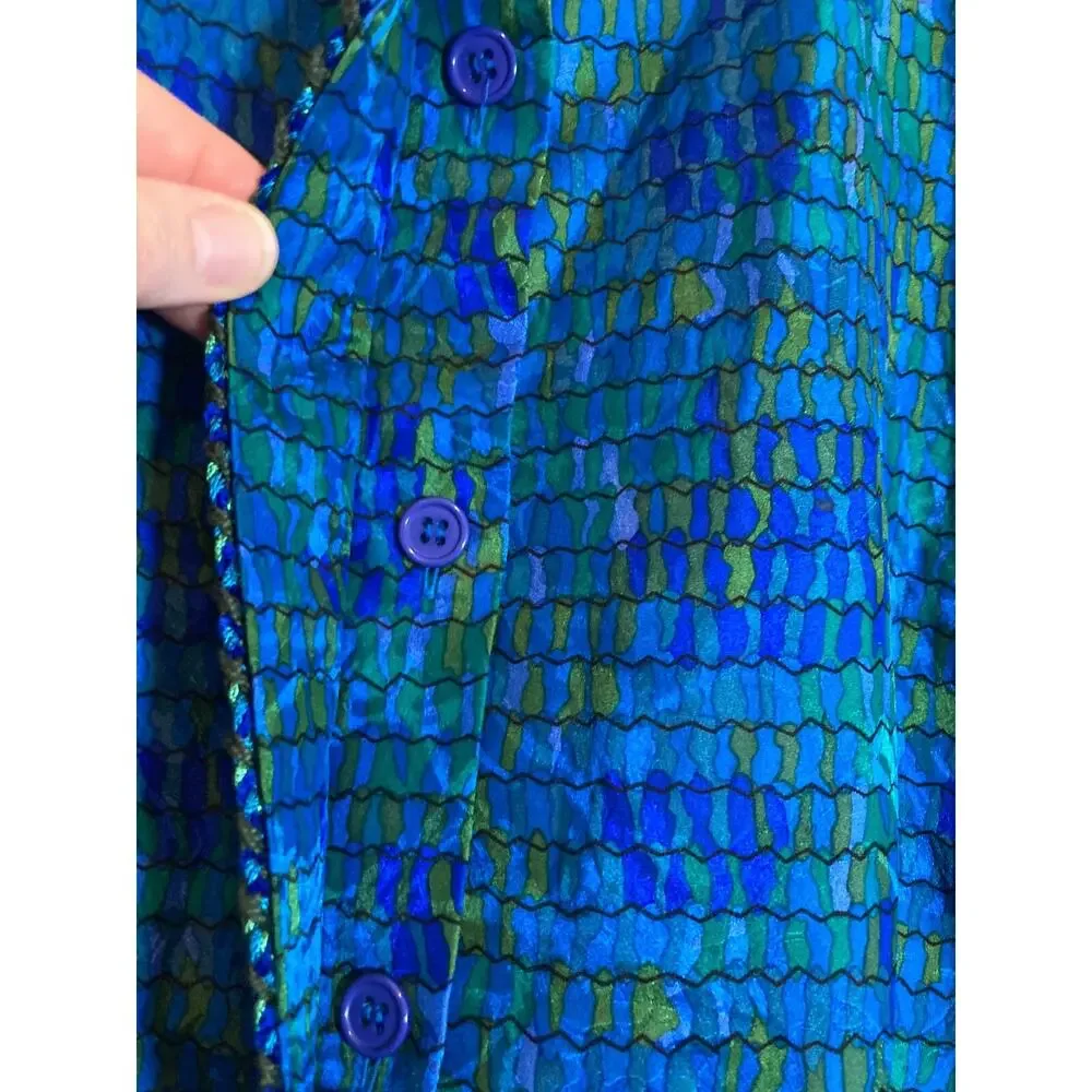 Vintage Encore Silk Jacket Womens 14 Turquoise‎ Watercolor Embroidery Trim